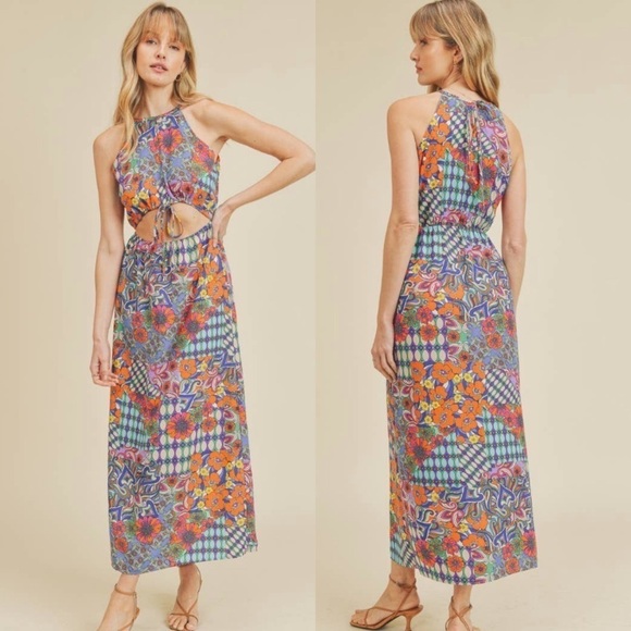 If She Loves Dress Women Small Maxi 70s Floral Cut Out Poppy Reversible  B29 - Picture 1 of 12